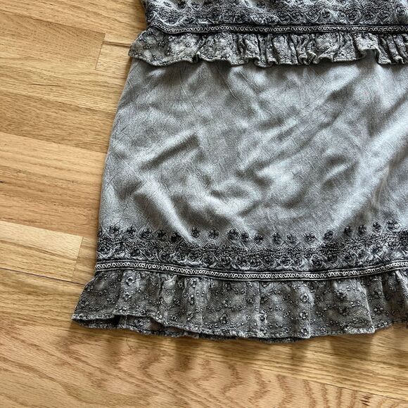 vtg 90s drop‎ waist embroidered ruffle boho dress distressed grey rayon medium - Picture 4 of 8